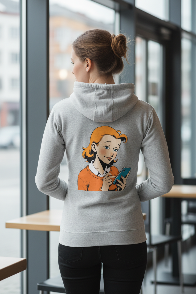 Grey unisex hoodie by flyliving featuring a retro comic print of a woman with a phone on the back.