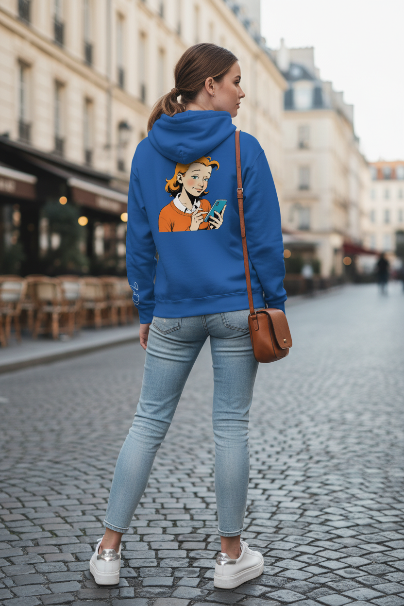 Blue Zip Hoodie by flyliving with a retro comic print of a girl on a phone on the back, shown from behind.