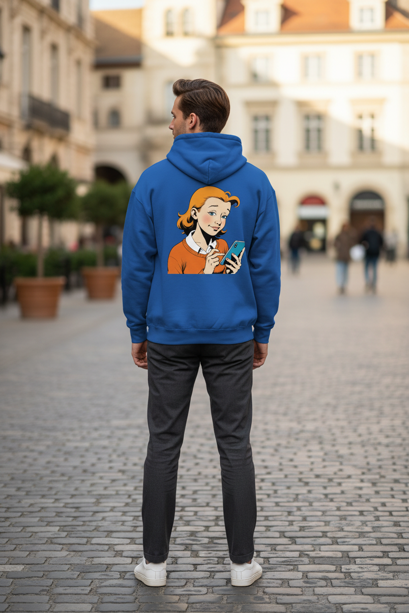 Blue Unisex Zip Hoodie by flyliving with a retro comic print of a girl texting on the back, worn by a man in grey pants and white sneakers.
