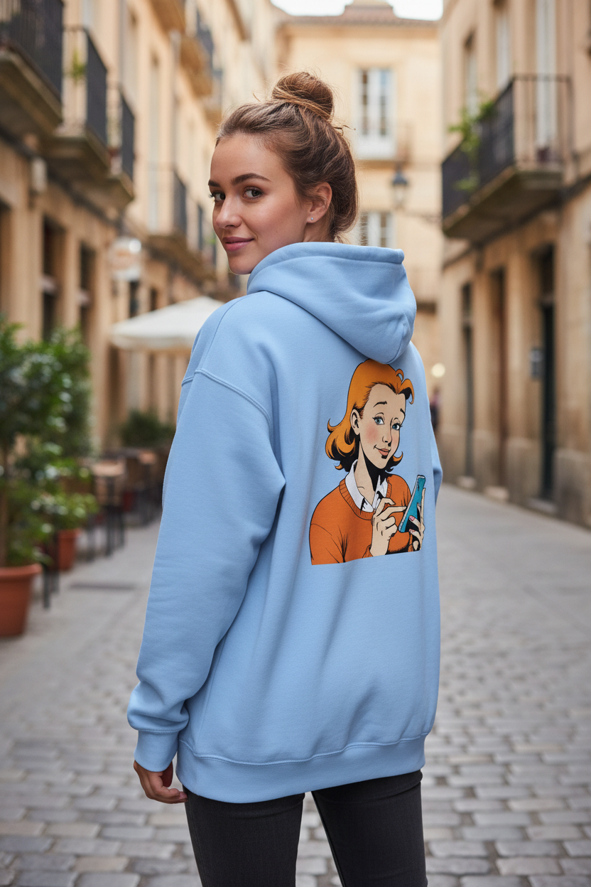 Light blue Zip Hoodie by flyliving with a retro comic print of a woman on the back, worn by a woman on a cobblestone street.
