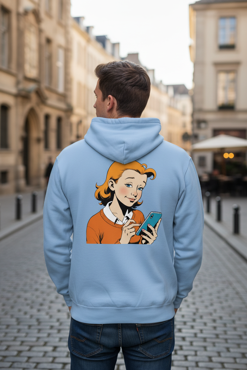 Light blue unisex zip hoodie by flyliving, with a retro comic print of a red-haired woman holding a phone on the back, worn by a person facing away outdoors.