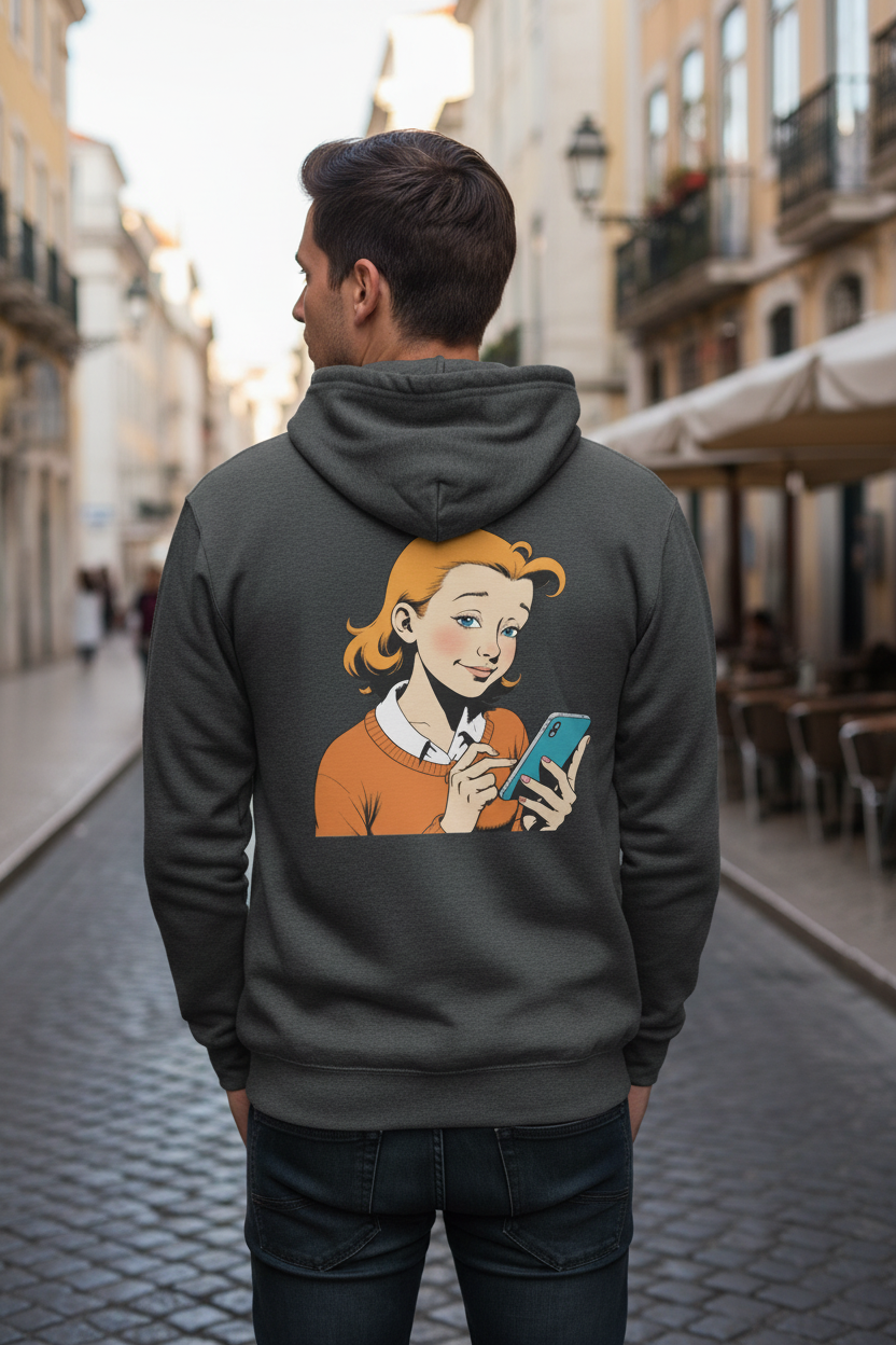 Dark grey Zip Hoodie by flyliving with a retro comic print of a girl on the back, shown from behind.