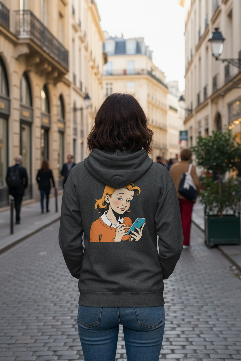 Dark gray zip hoodie by flyliving with a retro comic print of an orange-haired girl holding a blue smartphone, worn from the back with blue jeans on a city street.
