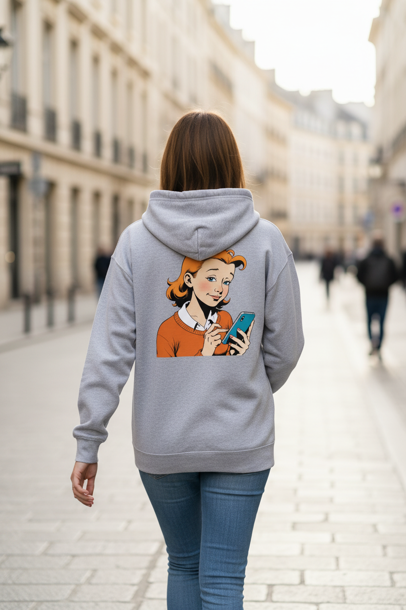 Grey unisex zip hoodie by flyliving with a retro comic print of a girl on the back, worn by a model.