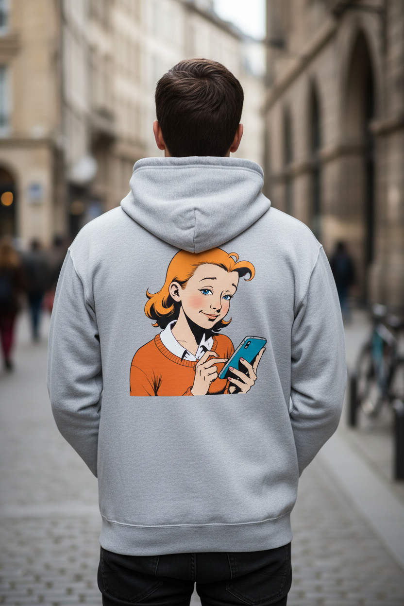 Grey zip hoodie by flyliving with a retro comic girl using a smartphone printed on the back, shown from behind.