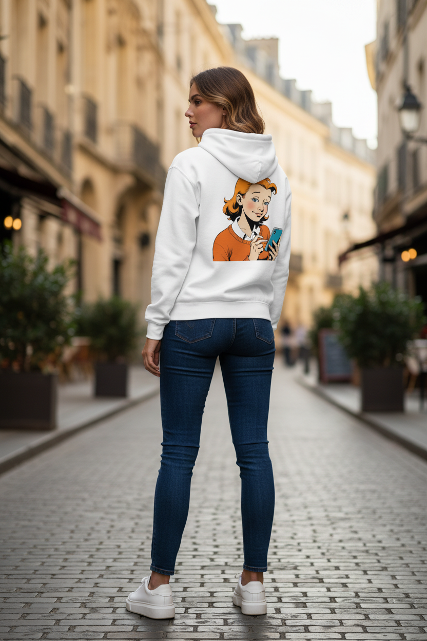 White unisex hoodie with a retro comic print by flyliving, featuring a redhead woman on the back, worn from behind with blue jeans and white sneakers.