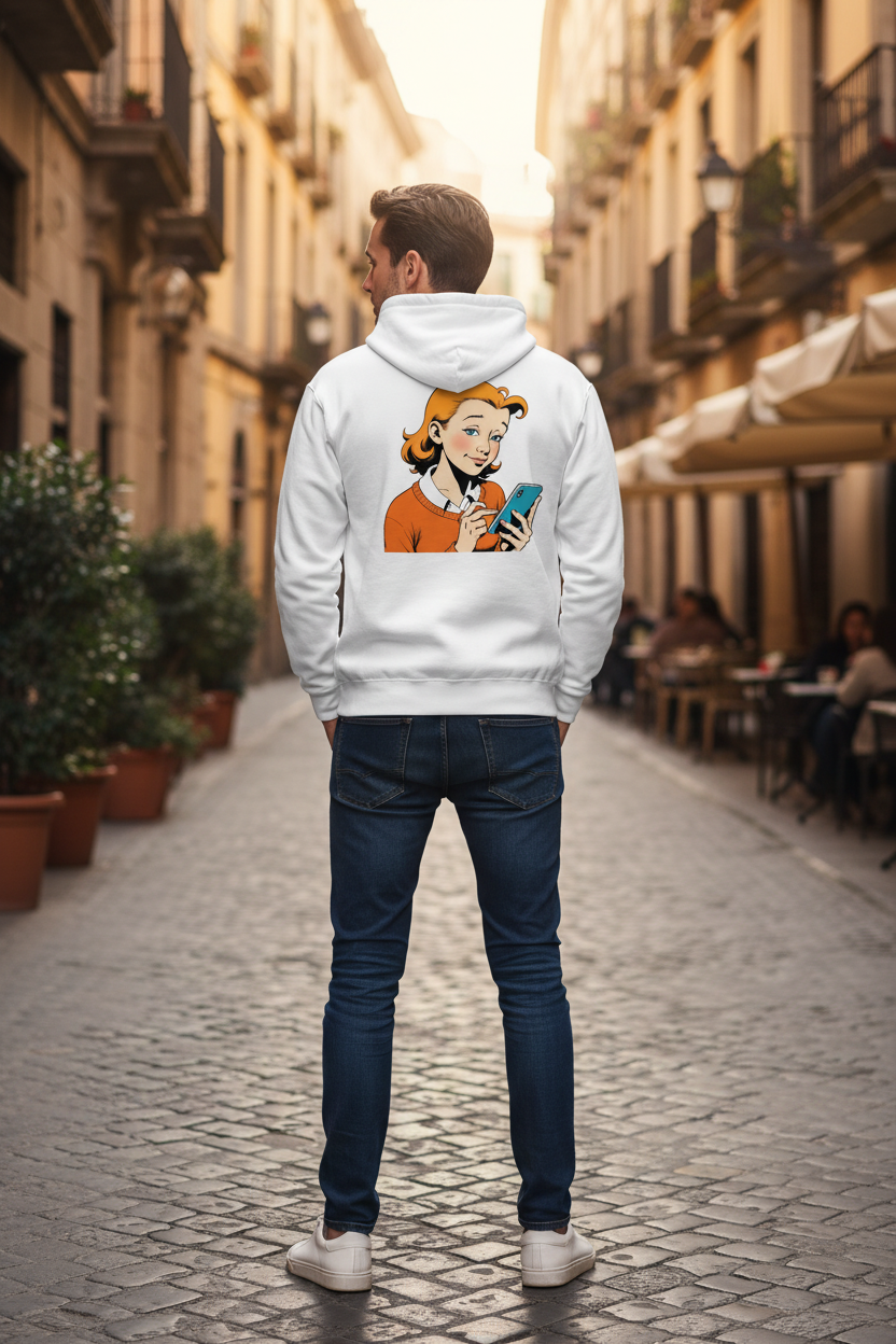 White Zip Hoodie by flyliving with a retro comic print of a woman looking at a phone on the back, worn by a man in jeans.