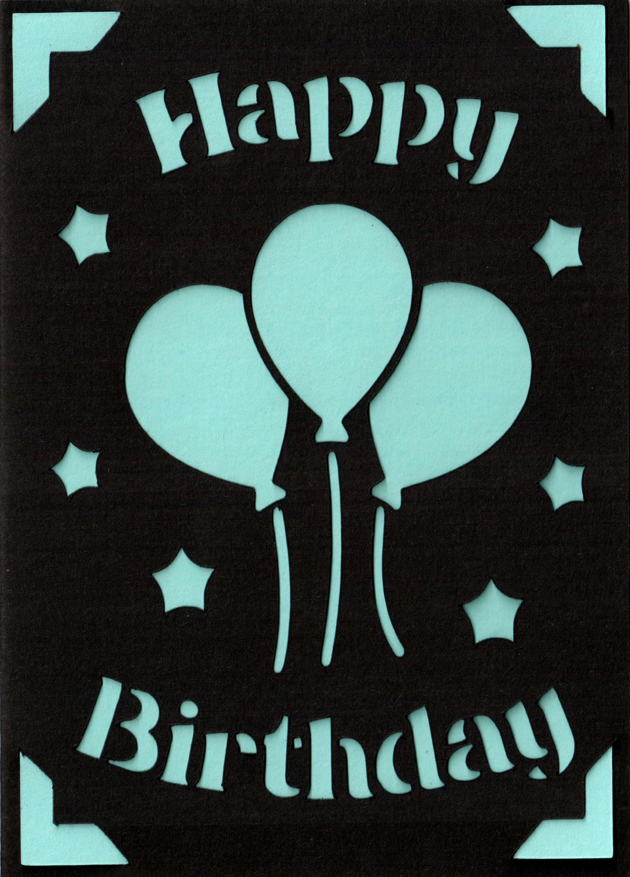 Geschenkkarte mit dem auschnittenen Text "Happy Birthday" und drei Ballons in der Mitte. Drum herum sind ausgestanzte Sterne. Größe DIN6, Kartenfarbe in Schwarz mit hellblauer Einlegekarte.