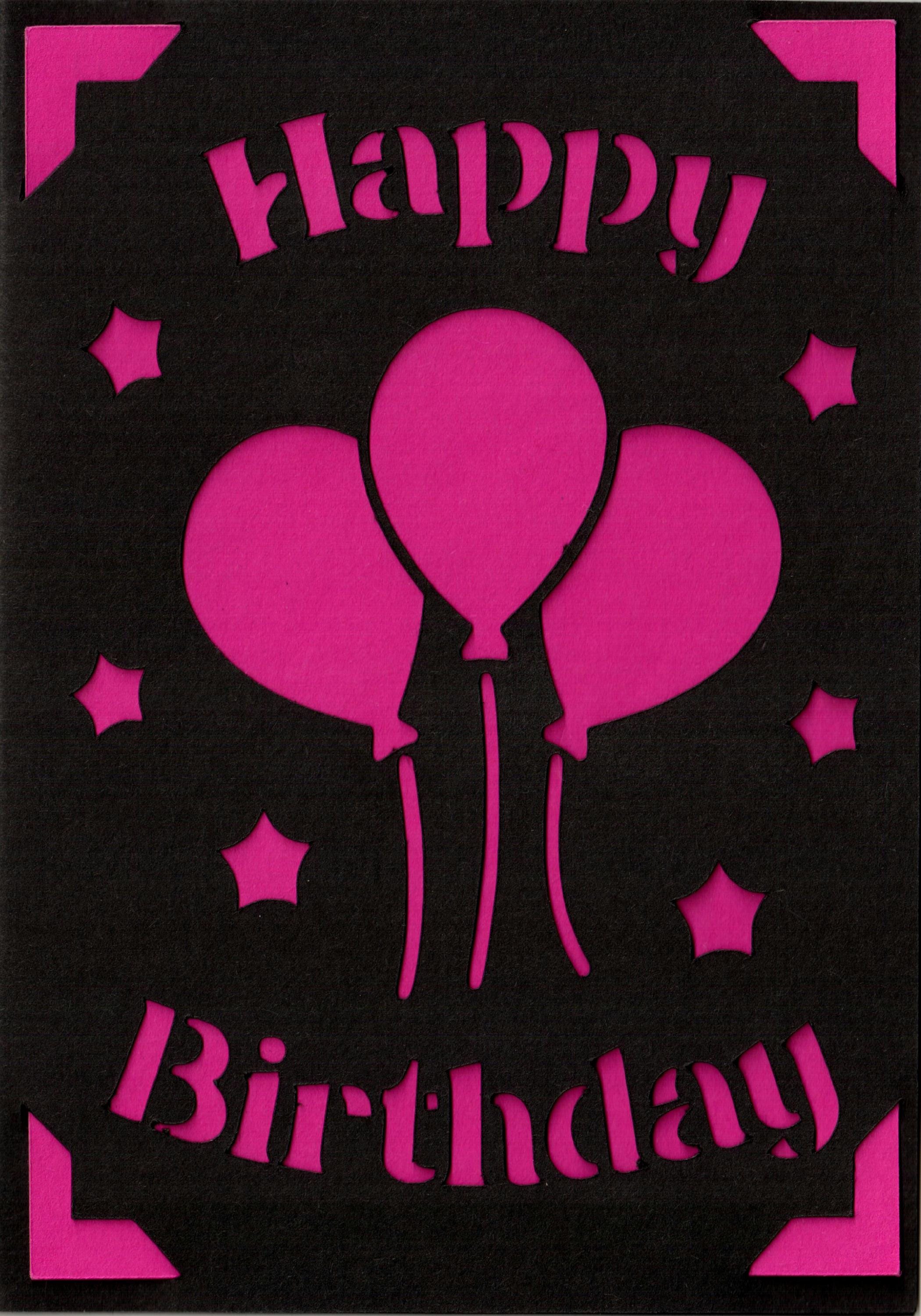 Geschenkkarte mit dem auschnittenen Text "Happy Birthday" und drei Ballons in der Mitte. Drum herum sind ausgestanzte Sterne. Größe DIN6, Kartenfarbe in Schwarz mit pinker Einlegekarte.