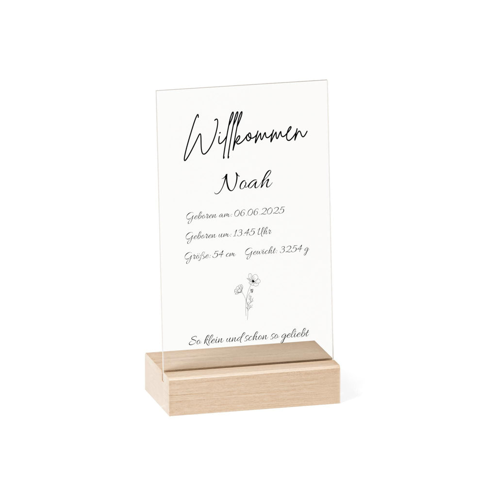 Personalisierte Acryl Tafel Geburt mit Holzsockel - Baby Daten Schild, Geschenk zur Babyshower, Kinderzimmer Deko
