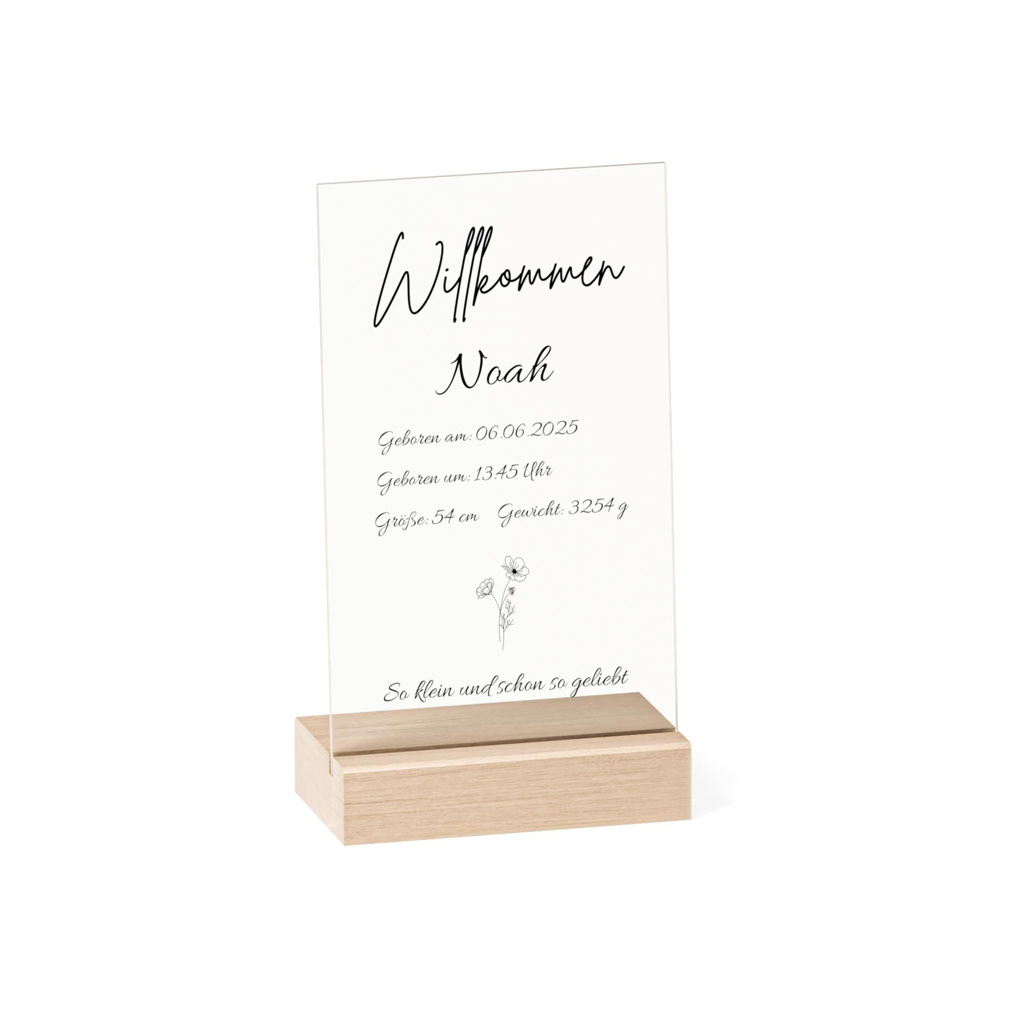 Personalisierte Acryl Tafel Geburt mit Holzsockel - Baby Daten Schild, Geschenk zur Babyshower, Kinderzimmer Deko