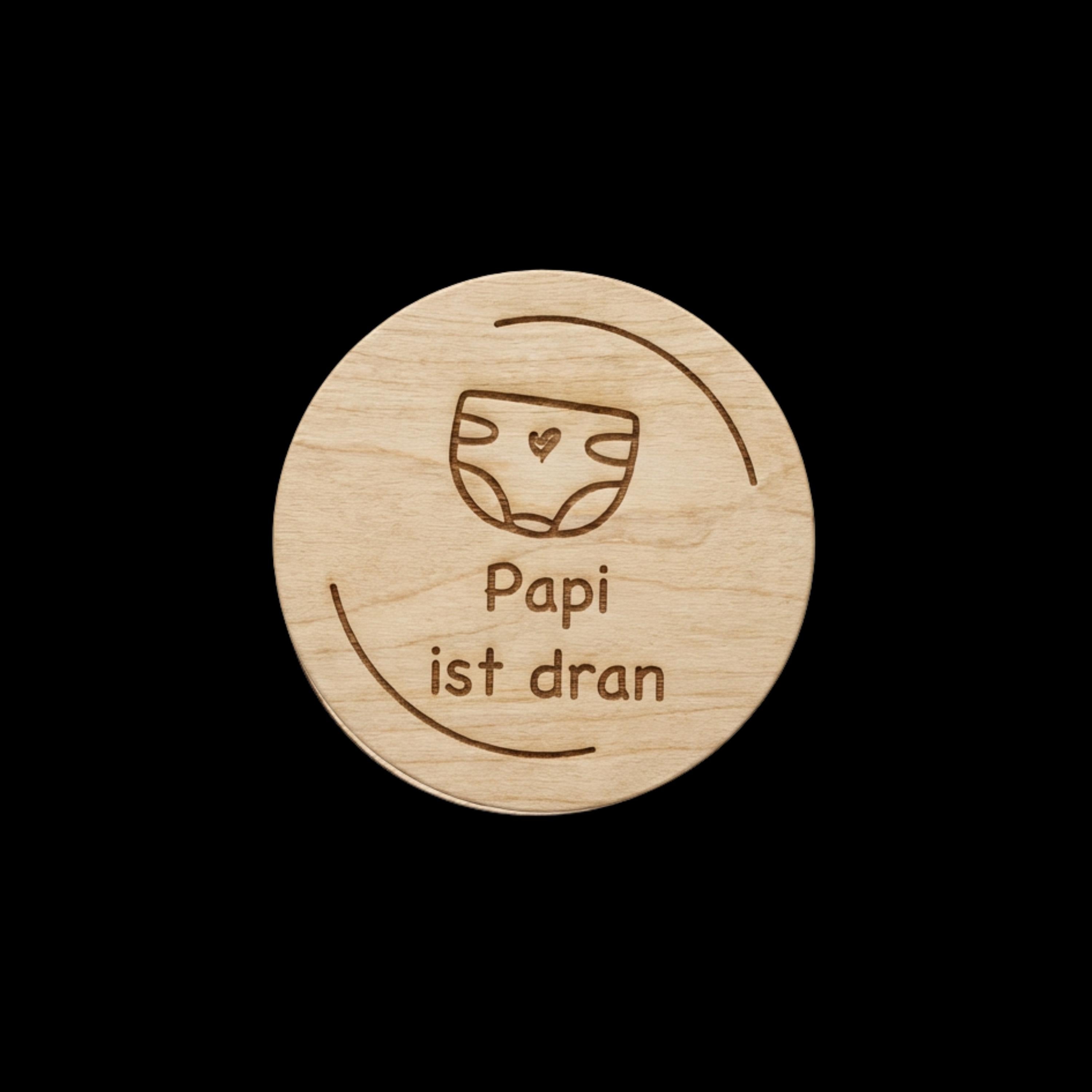 Entscheidungsmünze Eltern – „Mama / Mami / Papa / Papi ist dran“ – witziges Geschenk Geburt & Babyparty, Windelwechseln, Holz