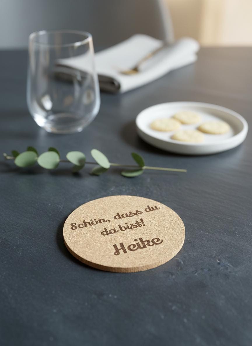 Personalisierter Kork Untersetzer – „Schön, dass du da bist“ mit Wunschname | Gastgeschenk, Tischdeko & Geschenkidee, Mitbringsel, Hochzeit