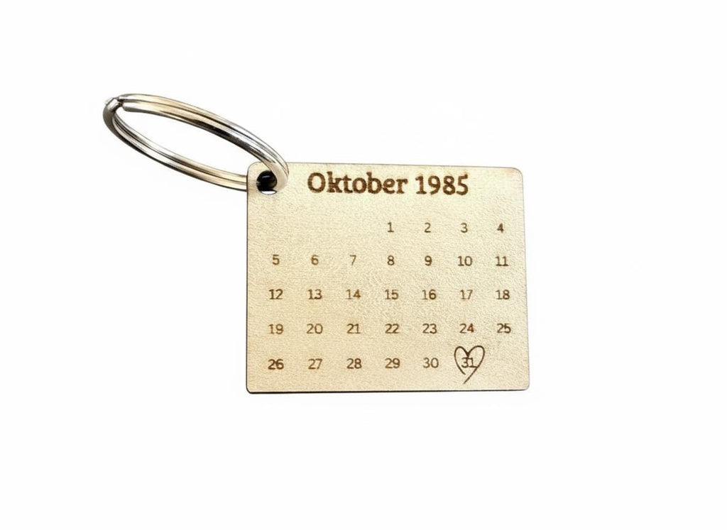 Personalisierter Kalender Schlüsselanhänger Holz | Gravur Wunschdatum & Name | Geschenk zur Hochzeit, Geburt, Jahrestag, Valentinstag
