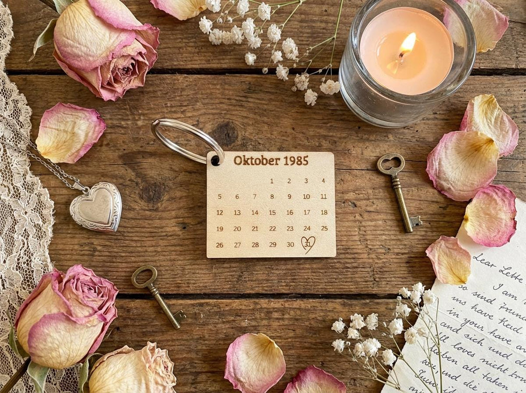 Personalisierter Kalender Schlüsselanhänger Holz | Gravur Wunschdatum & Name | Geschenk zur Hochzeit, Geburt, Jahrestag, Valentinstag
