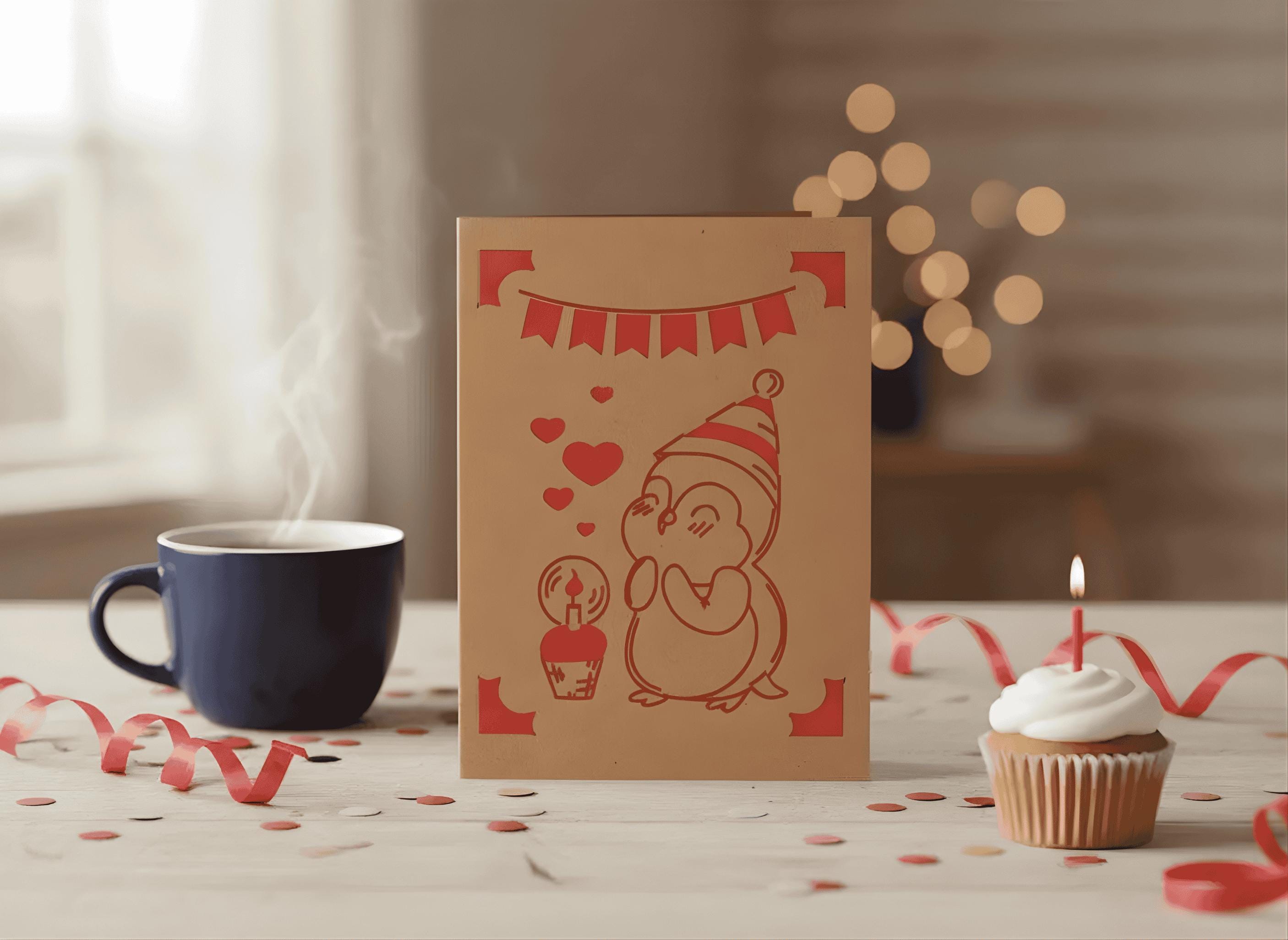 Minimalistische Geburtstagskarte | Pinguin | Handgezeichnetes Design | Einlegekarte | DIN A6 | Stilvolles Geschenk