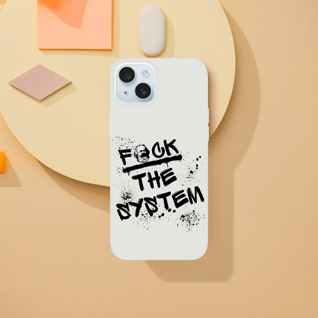 iPhone Handyhülle „Fuck the system“, Karl Marx, Flexi Case matt transparent, stoßfest für iPhone 13–15 Pro Max, kabelloses Laden, Geschenk