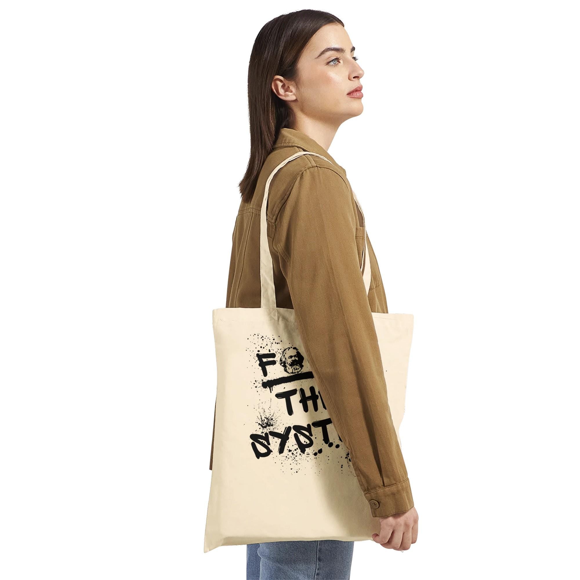 Baumwoll Tragetasche „F*ck the system“ mit Karl Marx Print, nachhaltiger Stoffbeutel, Statement Tote Bag, Einkaufen, Geschenkidee, Tasche