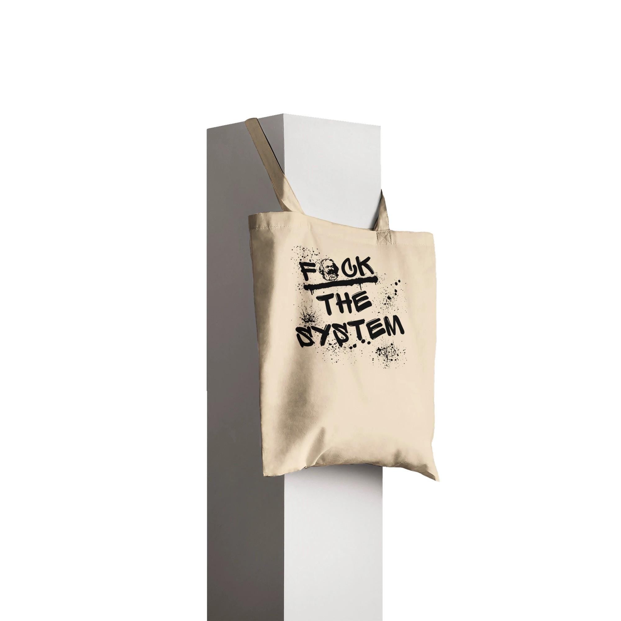 Baumwoll Tragetasche „F*ck the system“ mit Karl Marx Print, nachhaltiger Stoffbeutel, Statement Tote Bag, Einkaufen, Geschenkidee, Tasche