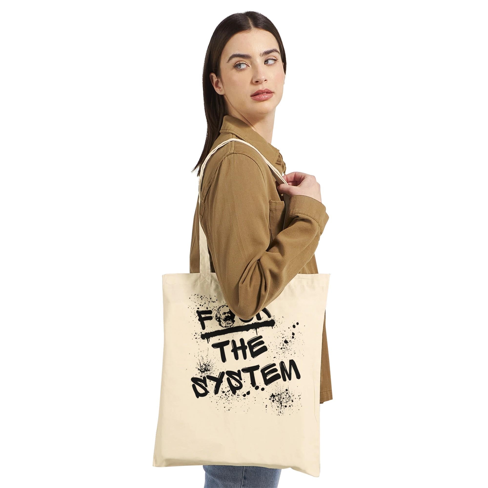 Baumwoll Tragetasche „F*ck the system“ mit Karl Marx Print, nachhaltiger Stoffbeutel, Statement Tote Bag, Einkaufen, Geschenkidee, Tasche