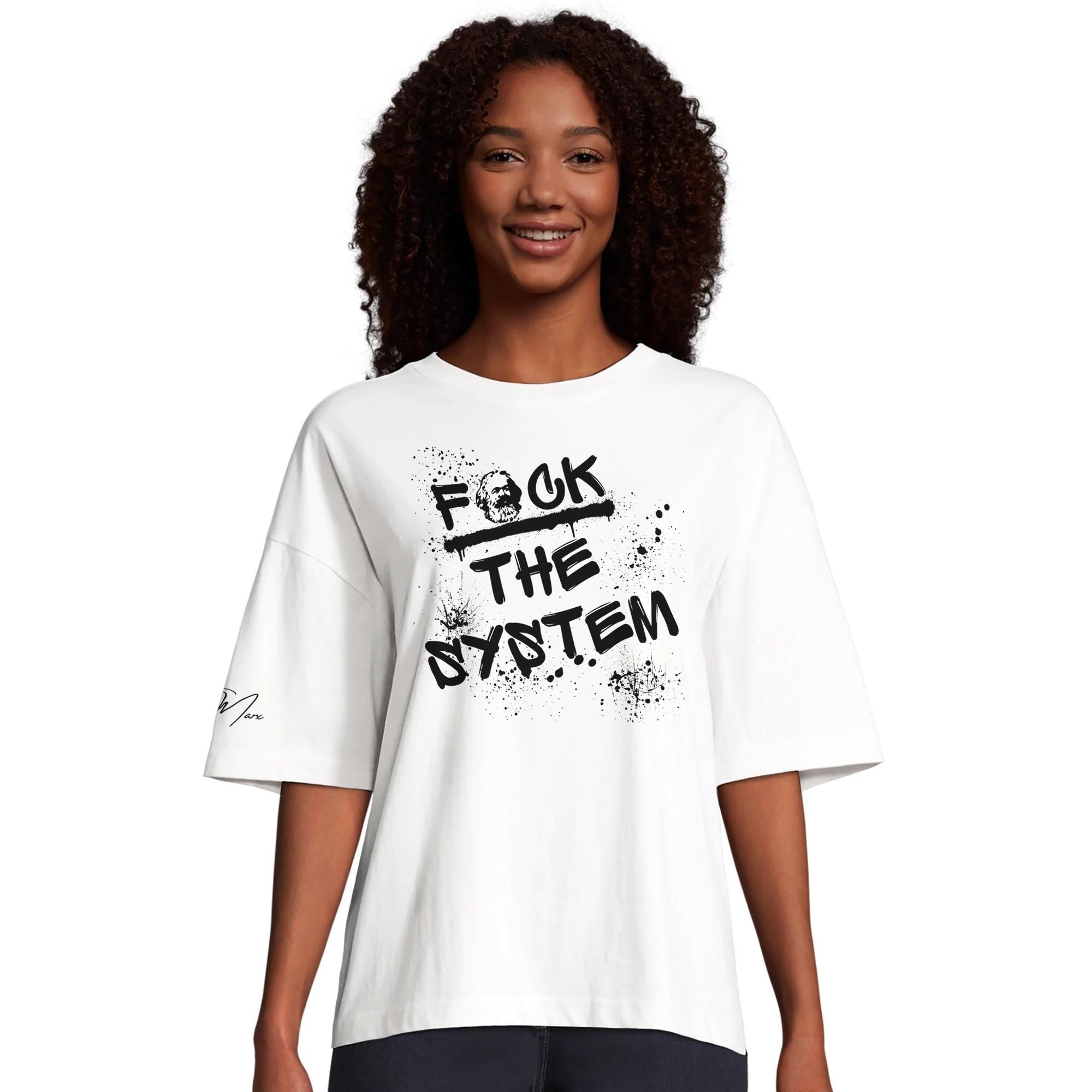 Oversized T‑Shirt Damen Bio-Baumwolle, Statement Shirt „F*ck the system“ mit Karl Marx Print, lockerer Sitz, für Frauen, moderner Schnitt
