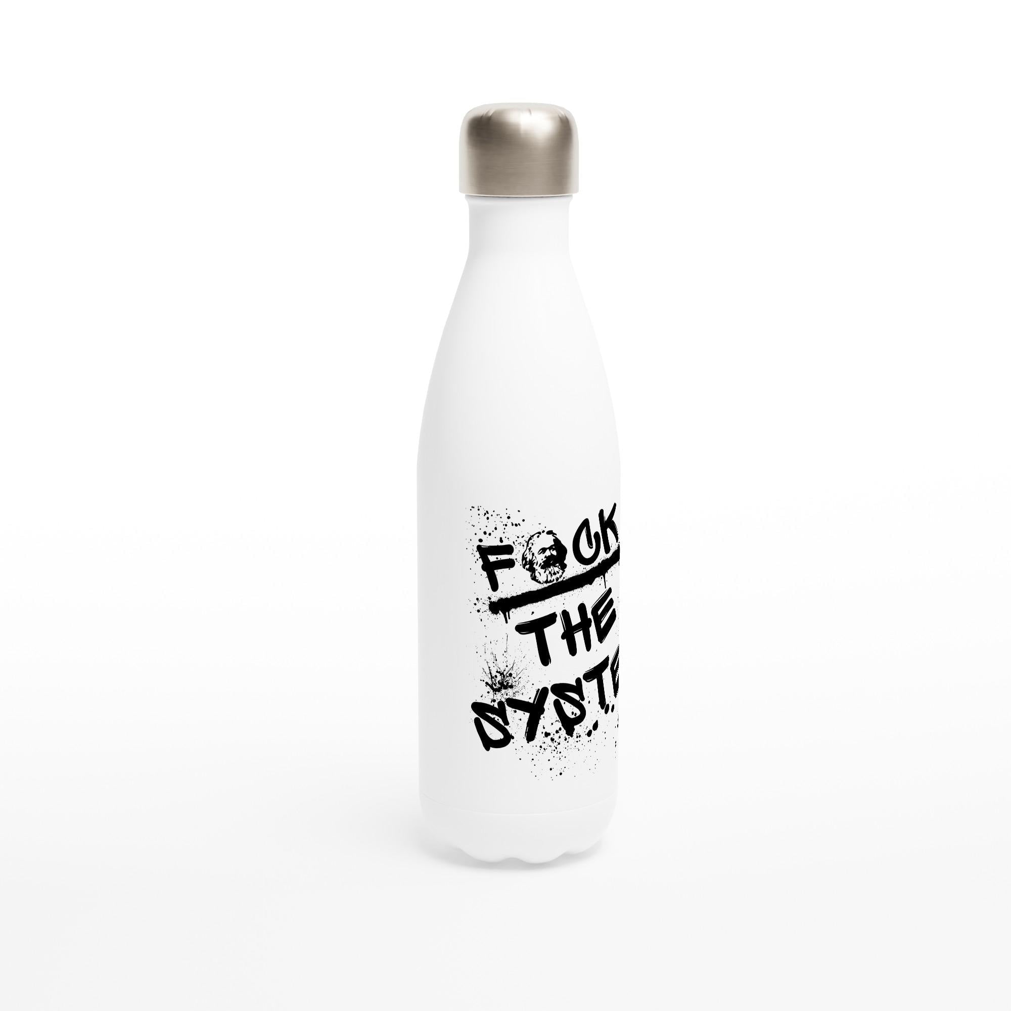 Edelstahl Trinkflasche 500 ml „Fuck the system“, doppelwandig isolierte Wasserflasche, auslaufsicher, weiß, Spruch, Kommunismus, Karl Marx
