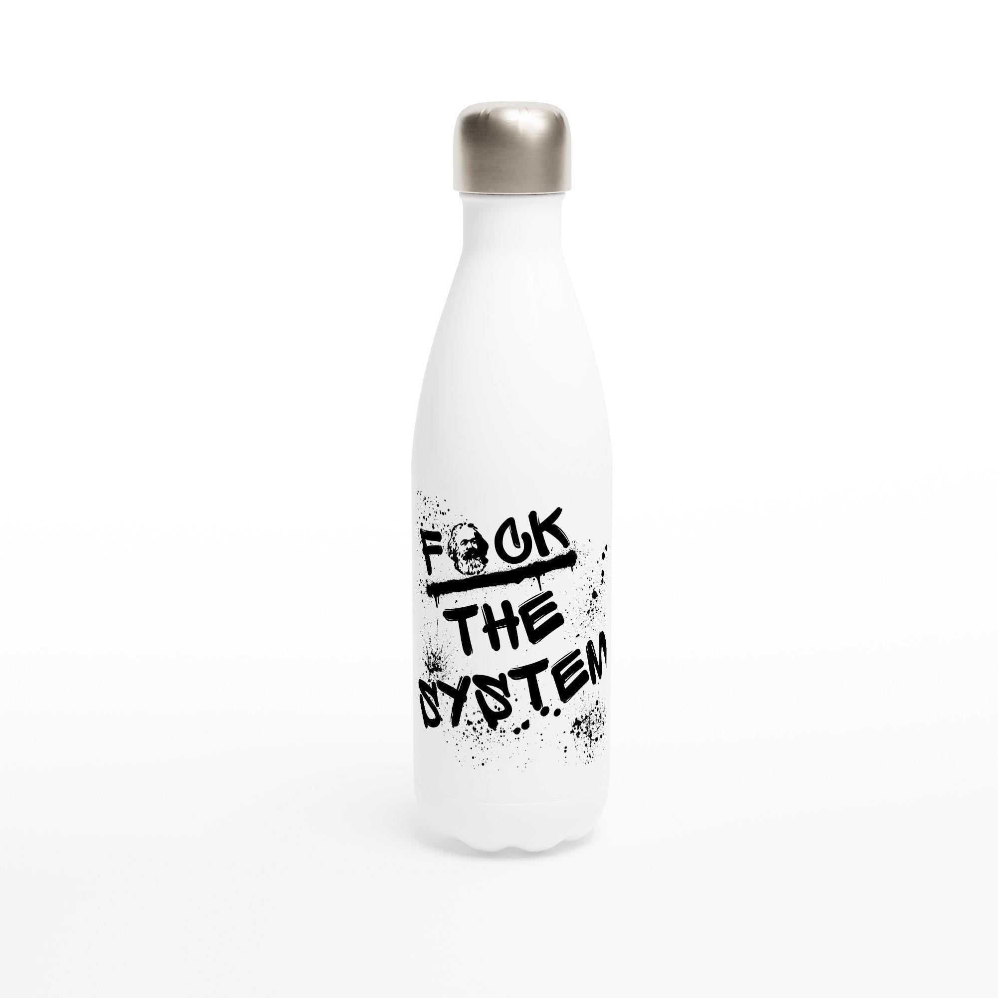 Edelstahl Trinkflasche 500 ml „Fuck the system“, doppelwandig isolierte Wasserflasche, auslaufsicher, weiß, Spruch, Kommunismus, Karl Marx