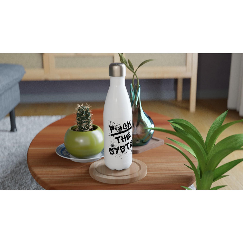Edelstahl Trinkflasche 500 ml „Fuck the system“, doppelwandig isolierte Wasserflasche, auslaufsicher, weiß, Spruch, Kommunismus, Karl Marx
