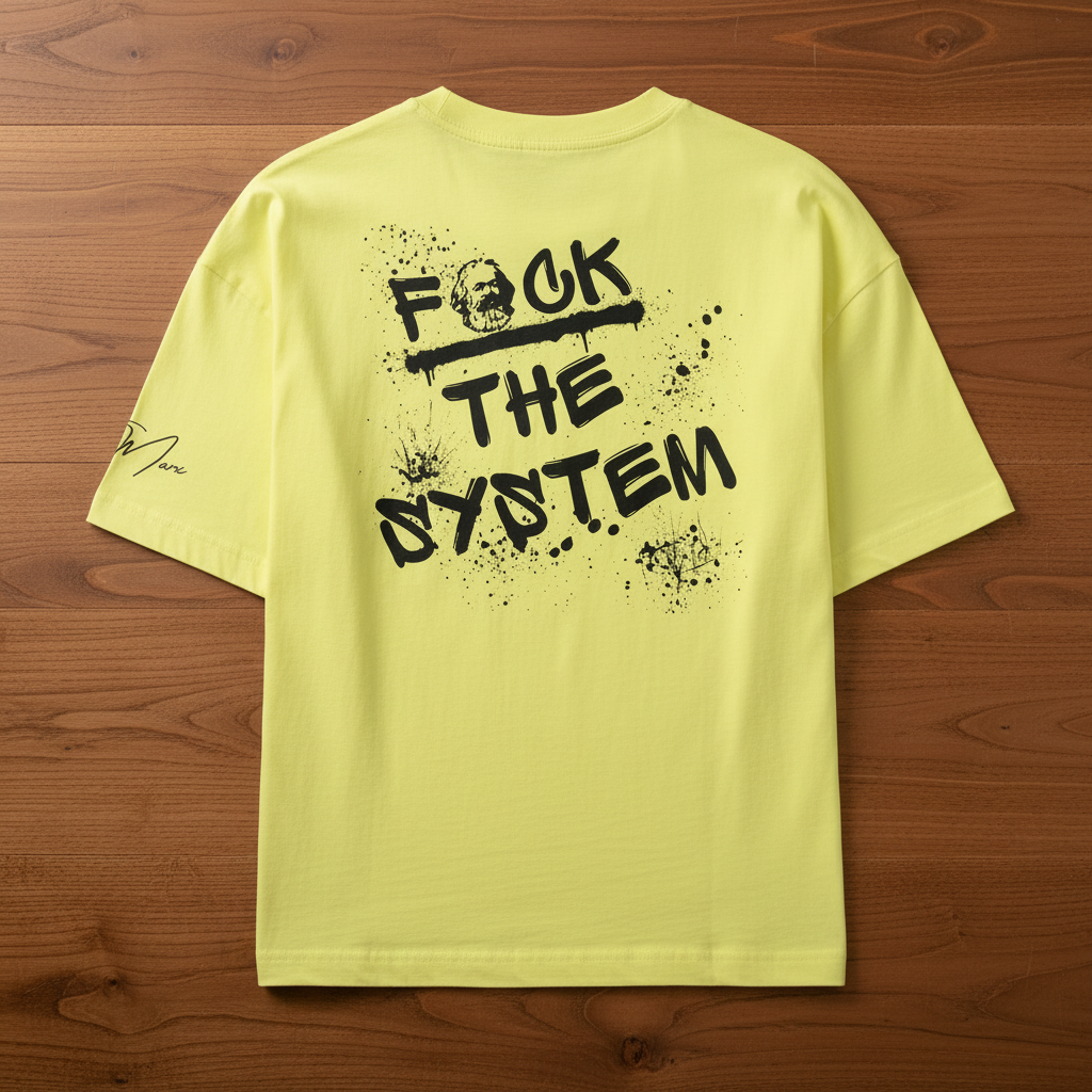 Lime green oversized T-shirt by flyliving with "F*CK THE SYSTEM" graffiti backprint, Karl Marx head, and sleeve signature.