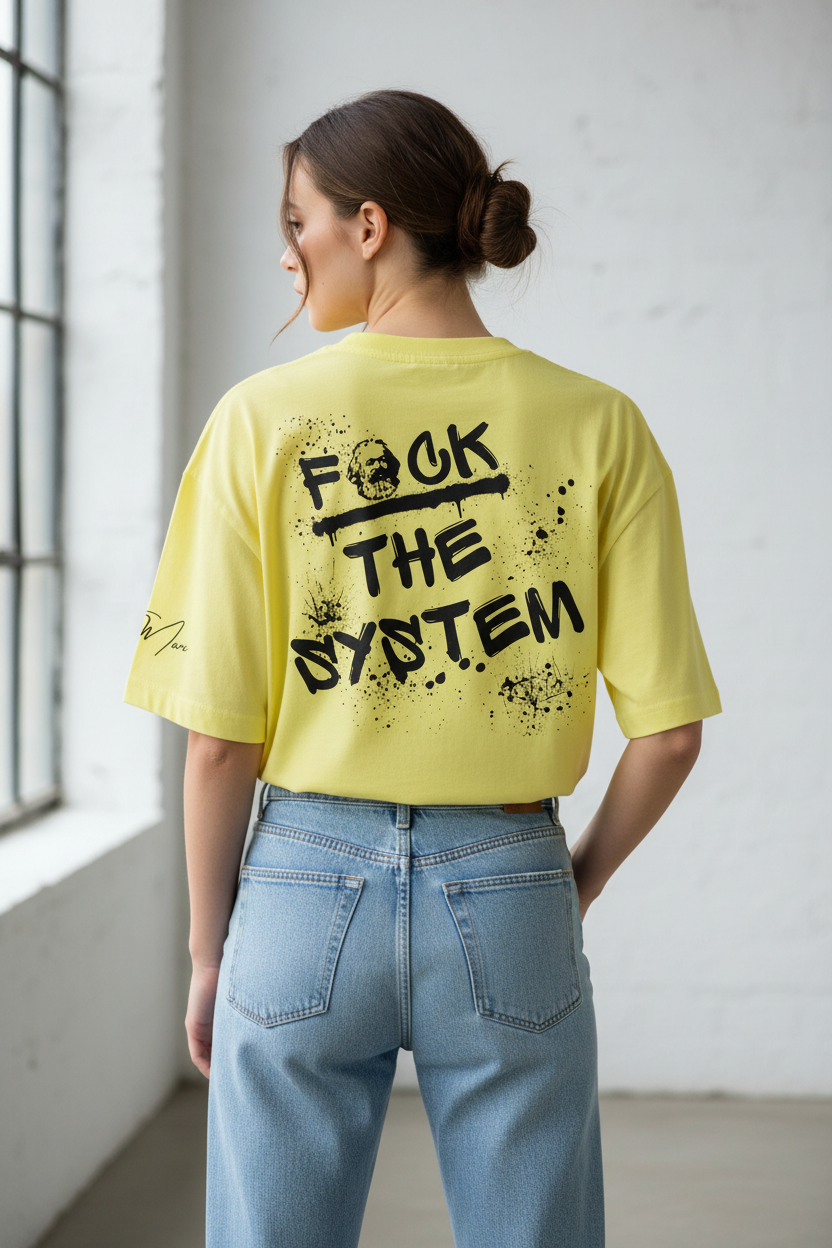 Unisex yellow oversized T-shirt by flyliving, featuring a 'f*ck the system' back print with a skull and paint splatters, worn from the back with light wash blue jeans.