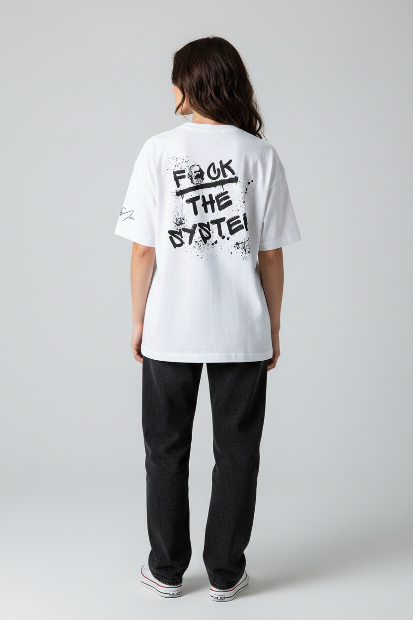 White oversized T-shirt by flyliving, featuring a "F*ck the system" graffiti backprint with skull and paint splatters, worn with black jeans, back view.