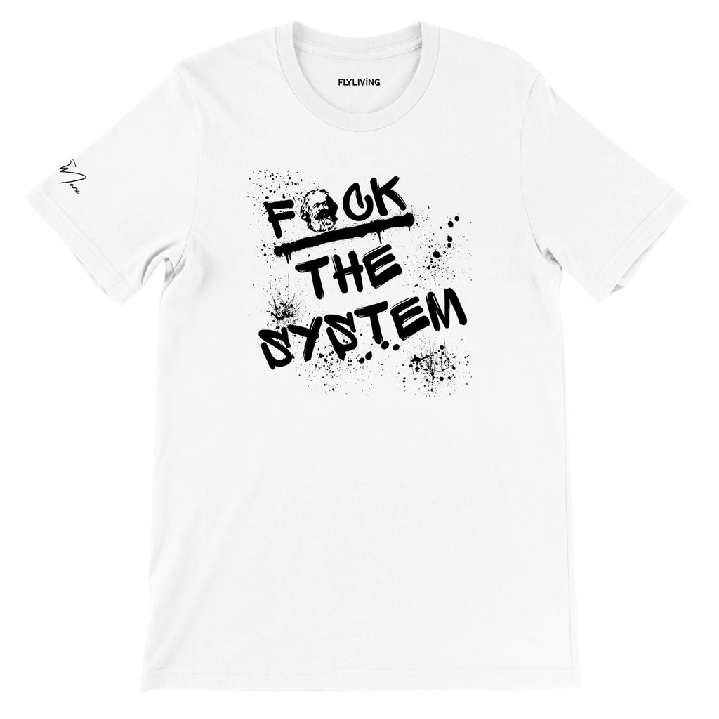 T‑Shirt mit Spruch „f*ck the system“ – Streetwear, Baumwolle, weiß, orange, grün, unisex