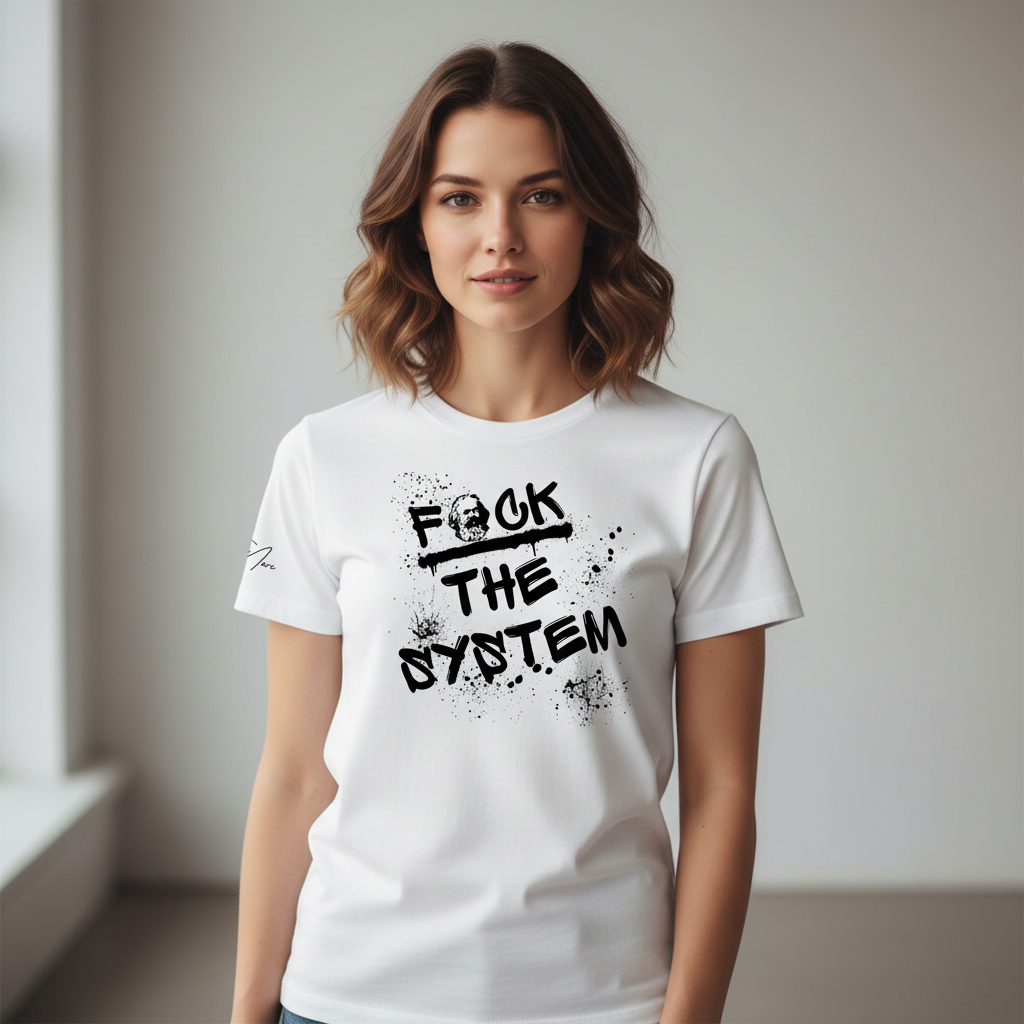 Unisex white T-shirt by flyliving featuring 'FUCK THE SYSTEM' graffiti design with a skull and paint splatters, modeled by a woman.