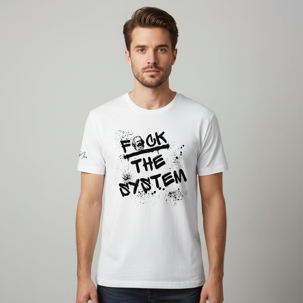 White T-shirt by flyliving with a black graffiti design featuring "FOCK THE SYSTEM" and a crossed-out face, worn by a male model.