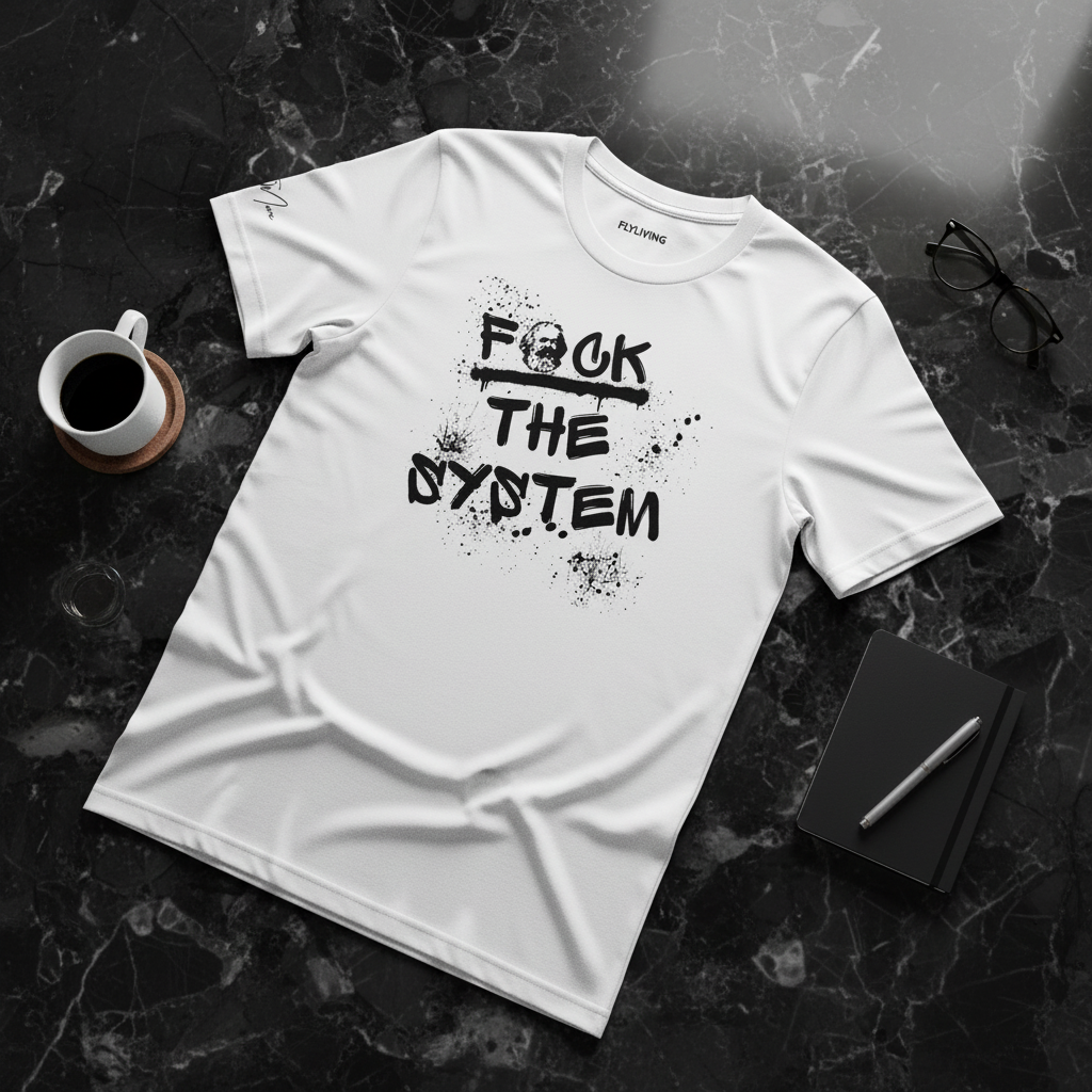 White t-shirt by flyliving with 'F*ck The System' graffiti print and black splatters, flat lay on dark marble.