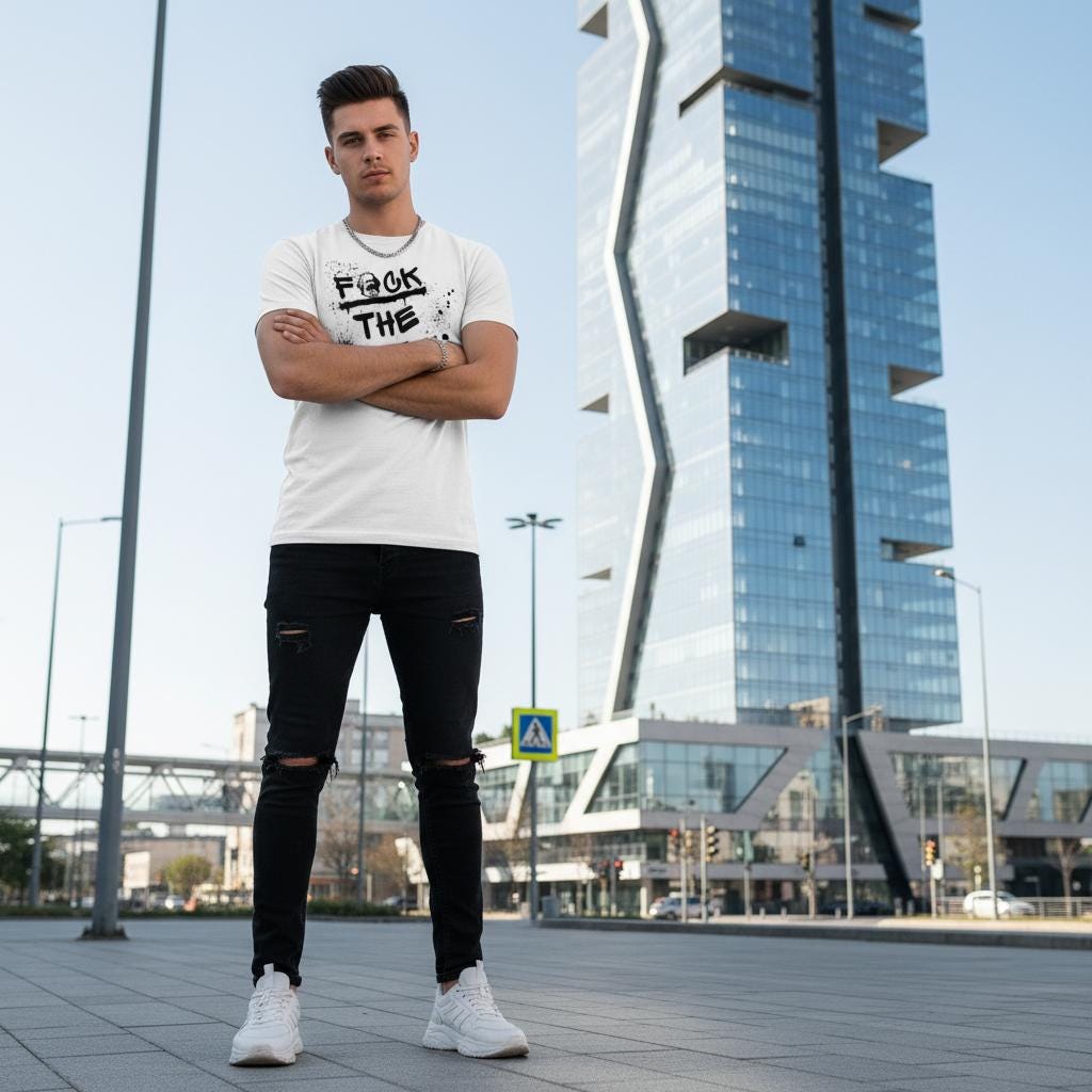 T‑Shirt mit Spruch „f*ck the system“ – Streetwear, Baumwolle, weiß, orange, grün, unisex