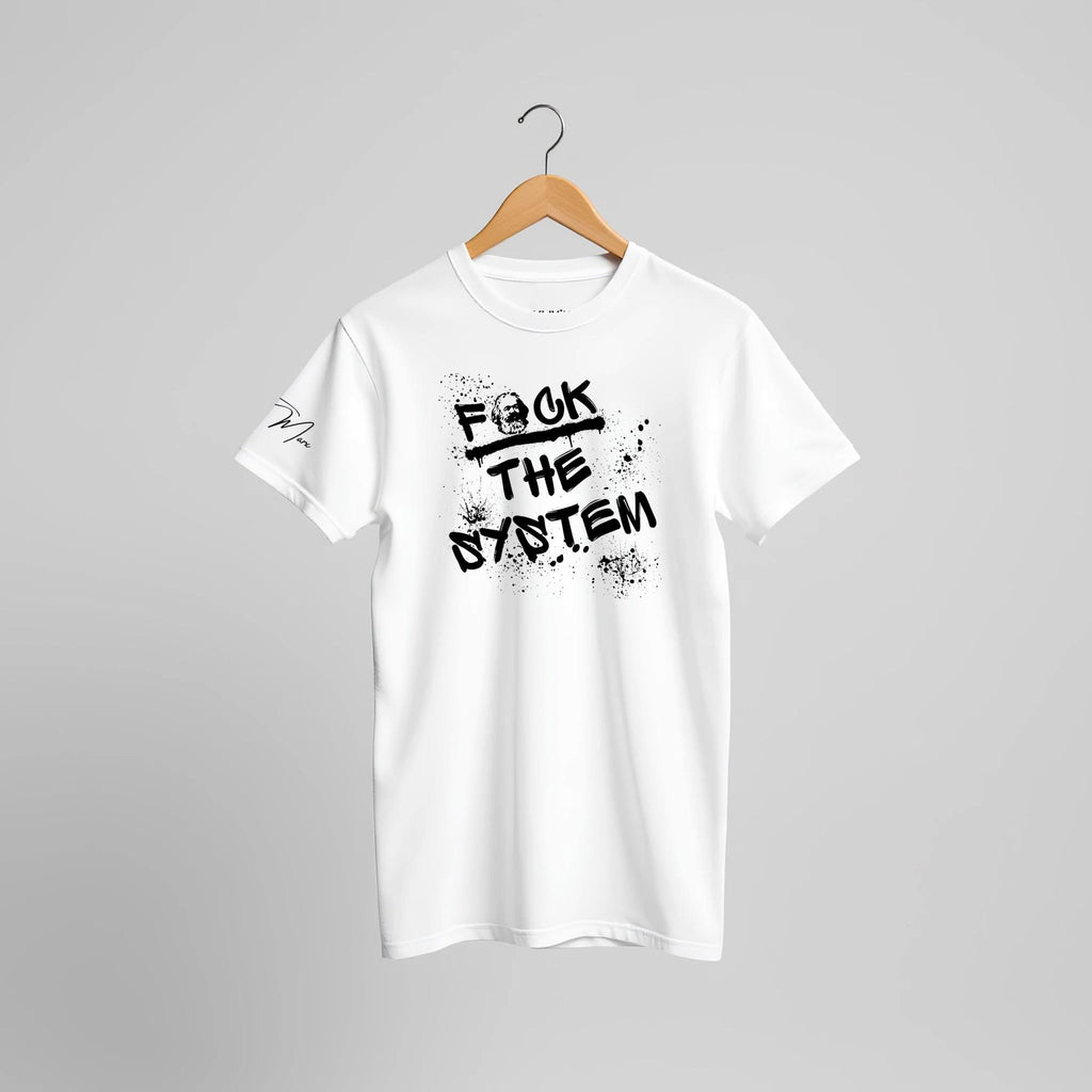 T‑Shirt mit Spruch „f*ck the system“ – Streetwear, Baumwolle, weiß, orange, grün, unisex