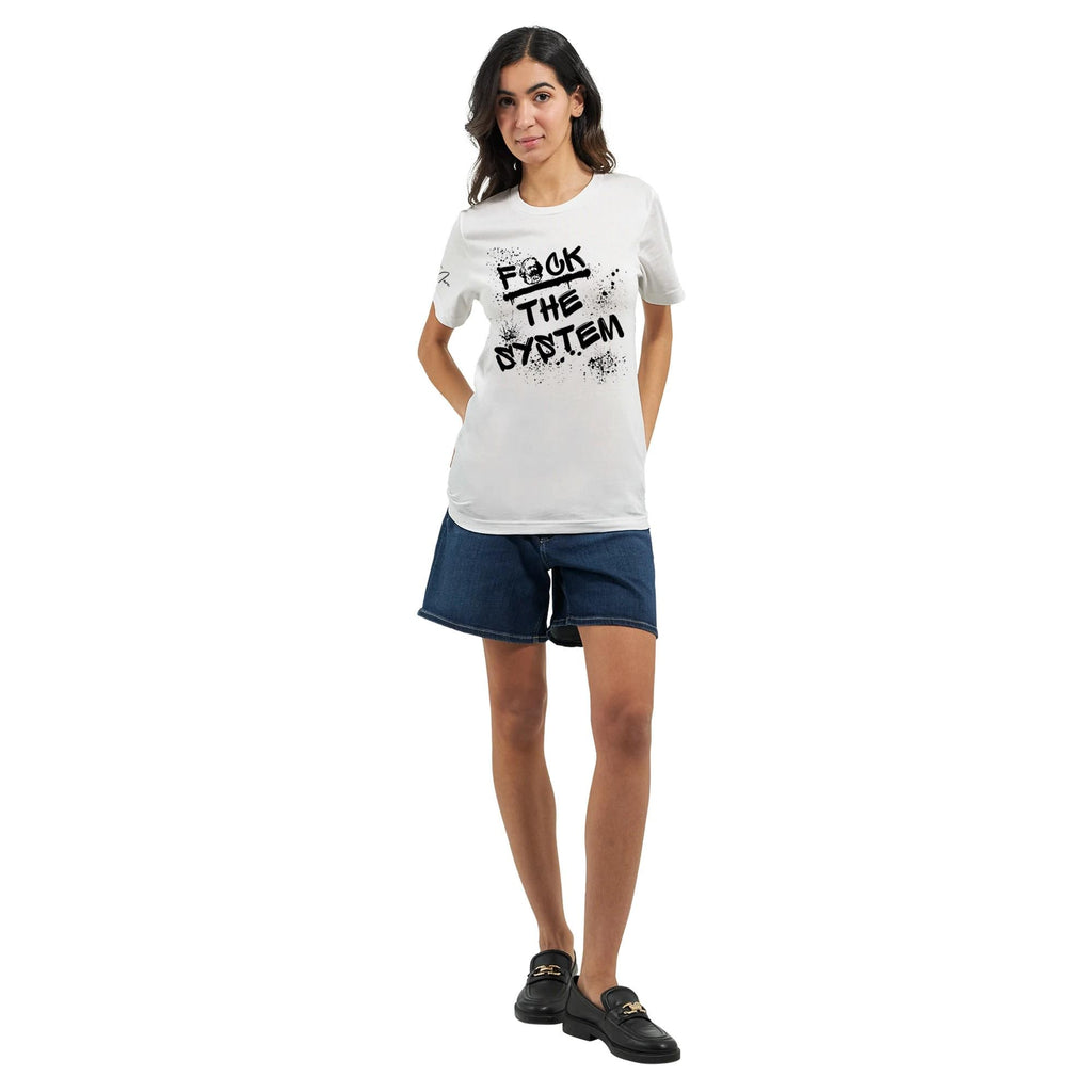 T‑Shirt mit Spruch „f*ck the system“ – Streetwear, Baumwolle, weiß, orange, grün, unisex