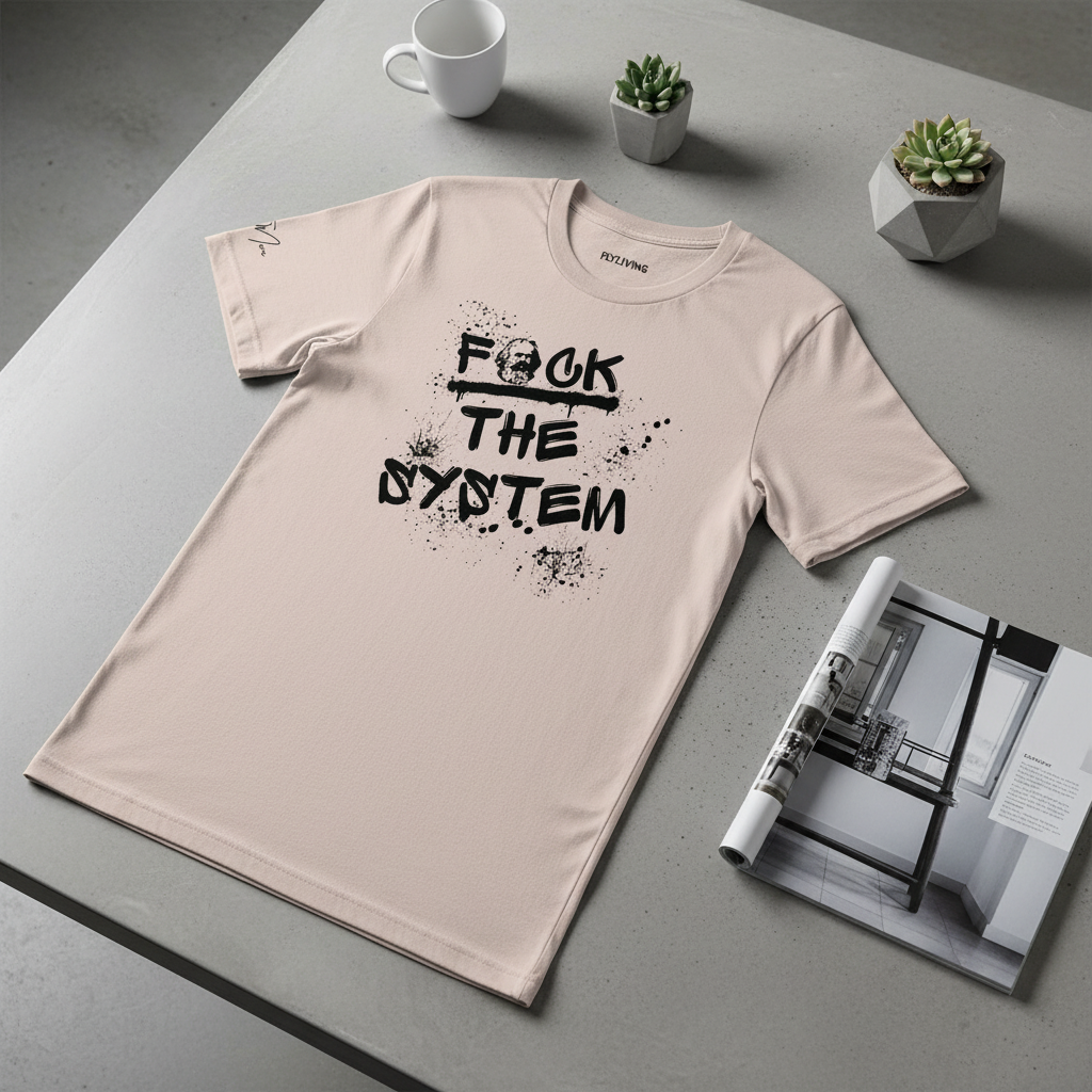 Unisex light pink t-shirt by flyliving with a black 'F*CK THE SYSTEM' graffiti graphic featuring a skull and paint splatters, laid flat.