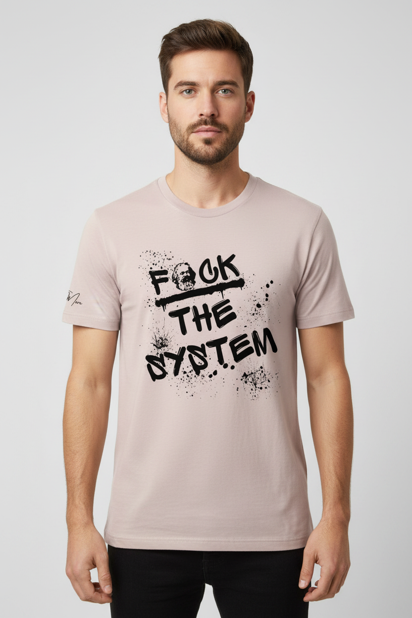 Light beige unisex t-shirt by flyliving featuring "FUCK THE SYSTEM" graffiti print with Karl Marx and black splatters.
