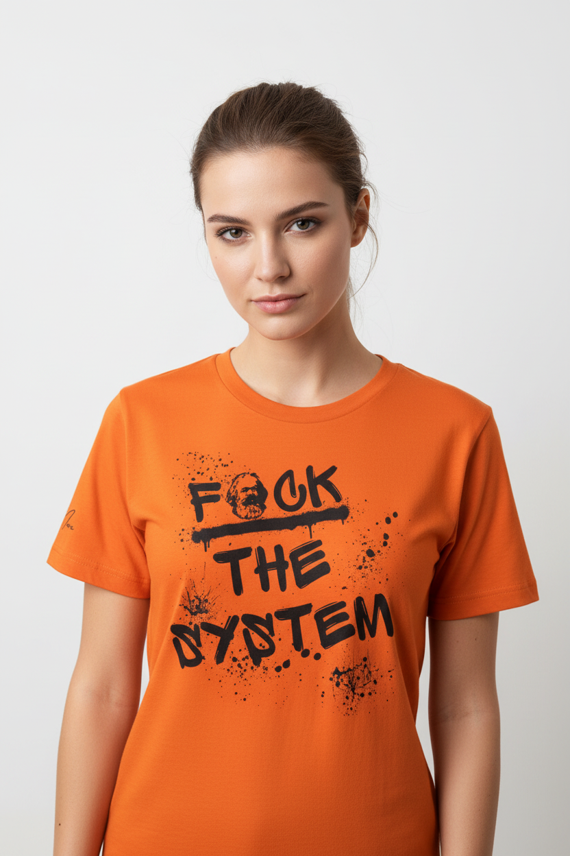 Orange T-shirt by flyliving with a black graffiti "F*CK THE SYSTEM" print featuring Karl Marx's face and paint splatters.