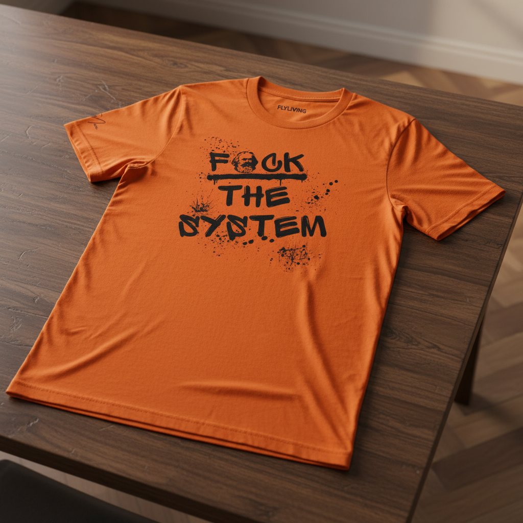 Orange unisex T-shirt with 'f*ck the system' graphic by flyliving, showing black splatter detail, laid on a dark wooden table.