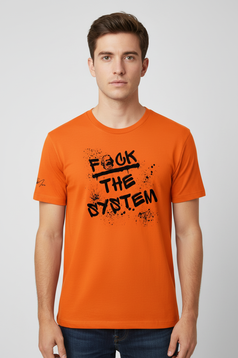 Unisex orange T-shirt by flyliving, featuring a "f*ck the system" graffiti graphic with a Karl Marx head and black paint splatters.
