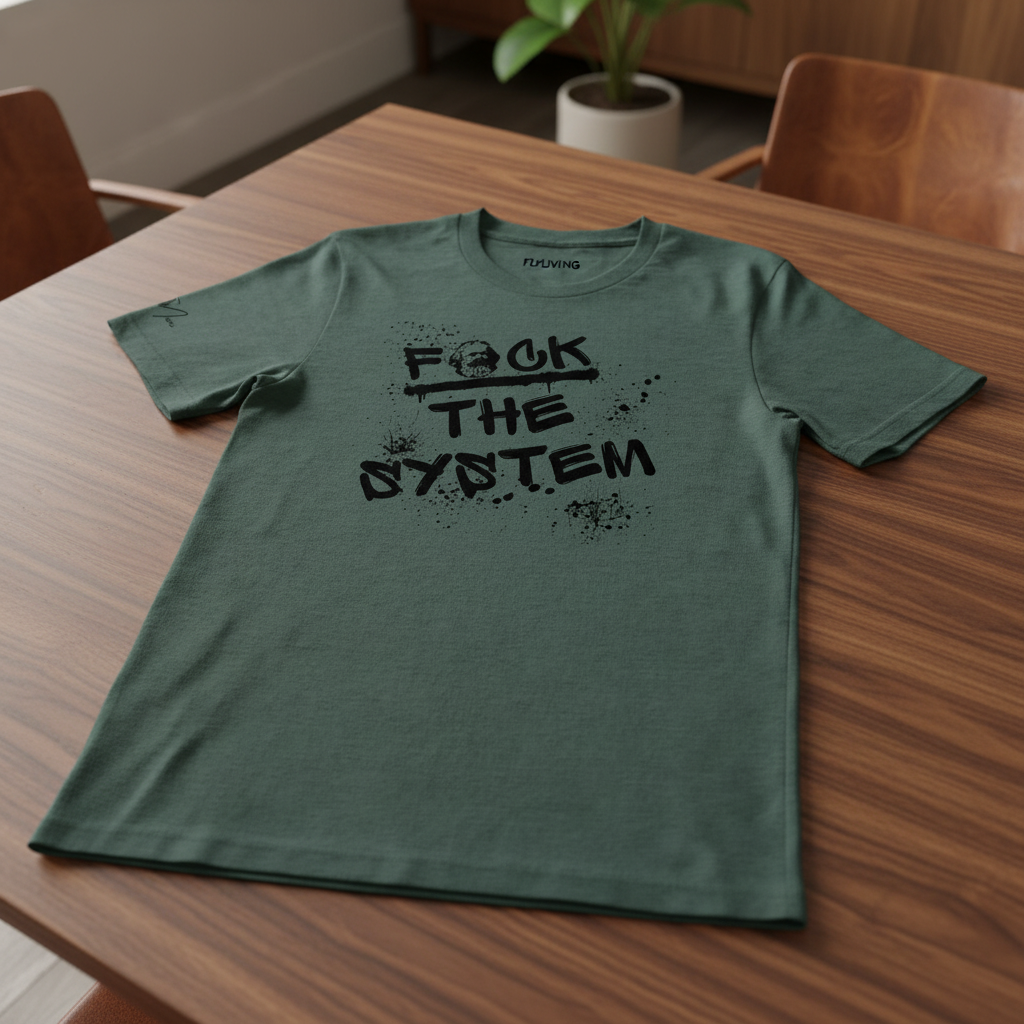 Dark green T-shirt by flyliving with 'F*CK THE SYSTEM' graffiti text and a crossed-out head graphic, laid flat on a wooden table.