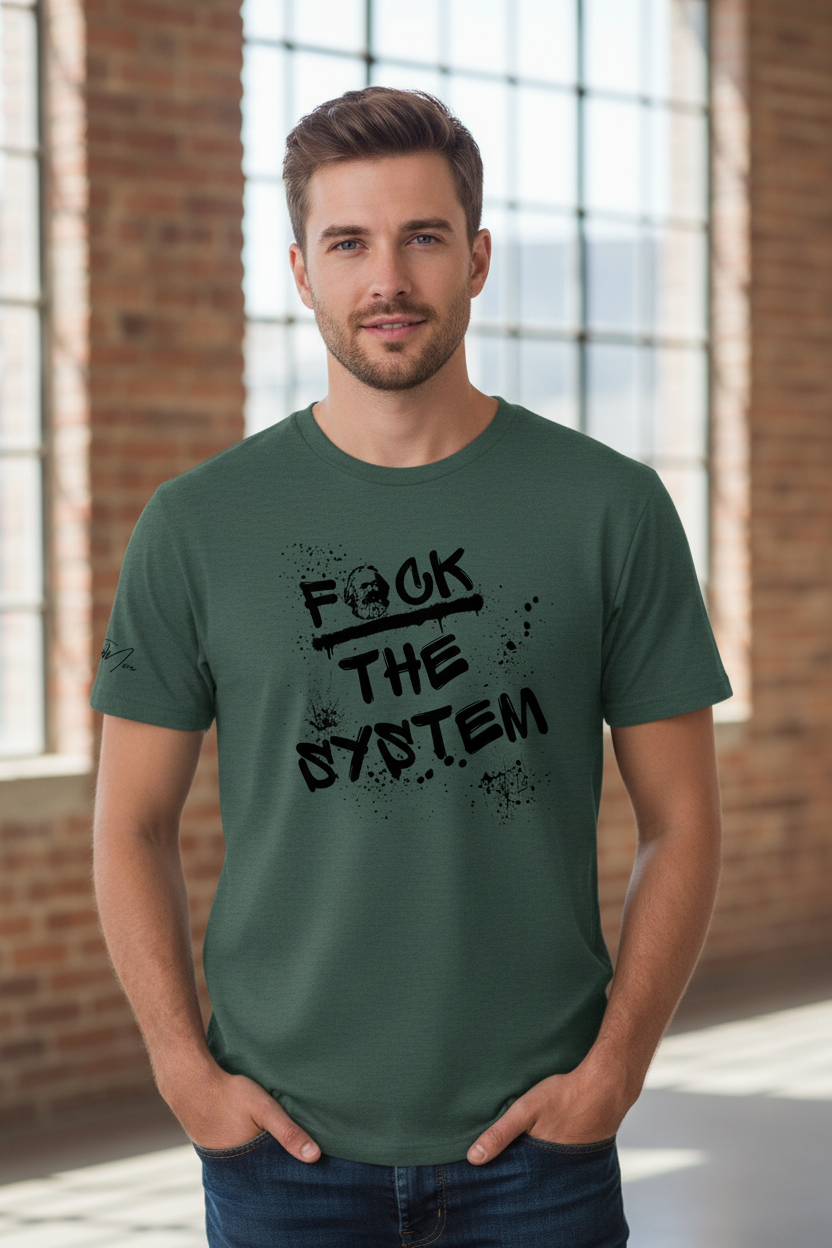 Dark green unisex T-shirt by flyliving featuring graffiti-style 'F*CK THE SYSTEM' print with a crossed-out Karl Marx face and paint splatters, worn by a man in jeans.
