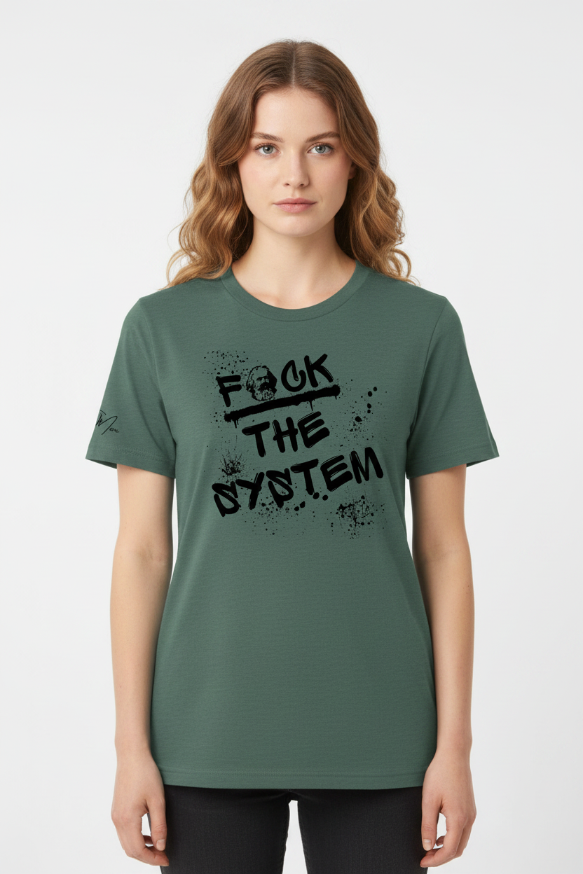 Dark green T-shirt by flyliving with black graffiti-style "f*ck the system" text featuring Karl Marx's head and paint splatters, worn by a woman.