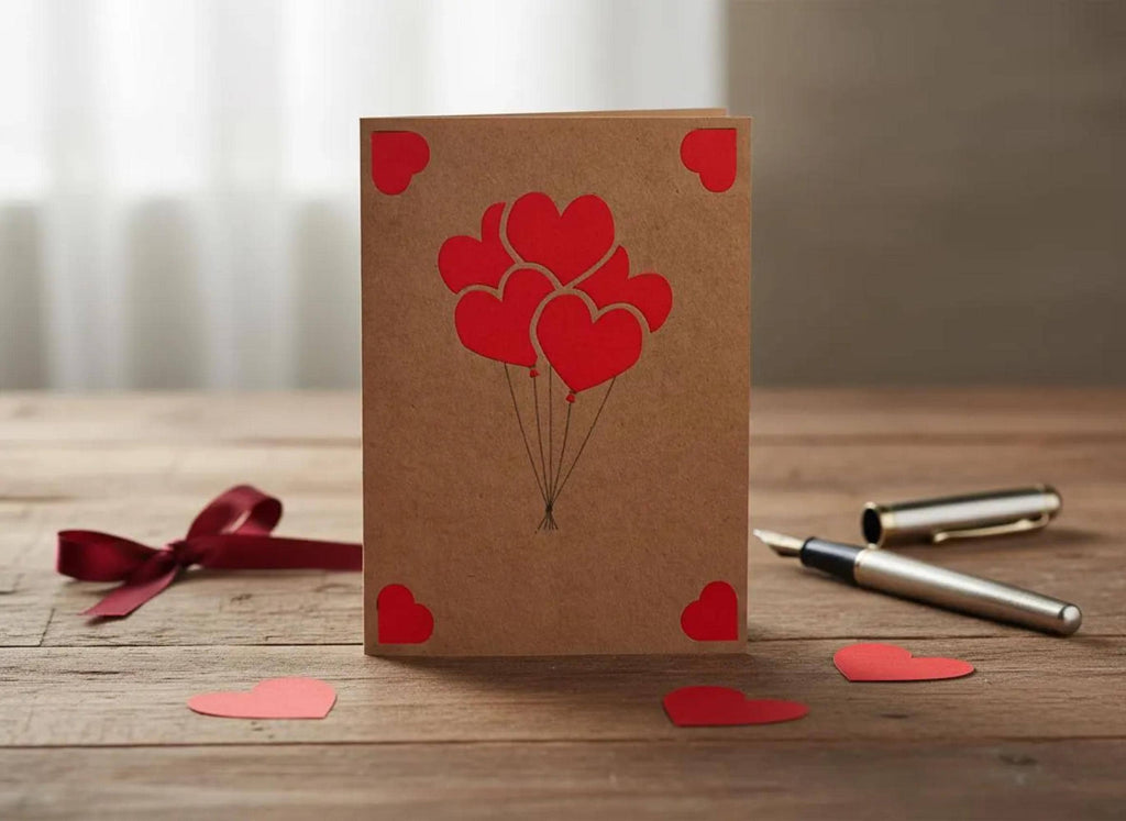 Geschenkkarte mit Herzen | Handgemachtes Design | 9 Herzballons | Kraftpapier | Ausgestanzt | Einlegekarte | A6 | Liebevolle Grußkarte