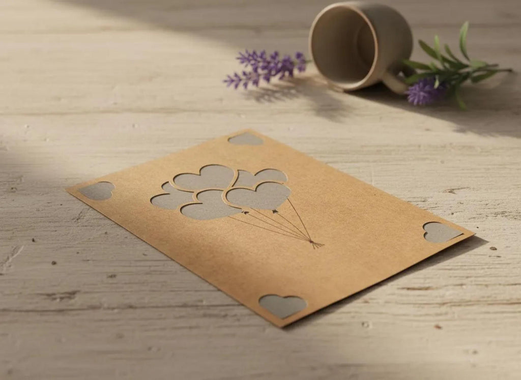 Geschenkkarte mit Herzen | Handgemachtes Design | 9 Herzballons | Kraftpapier | Ausgestanzt | Einlegekarte | A6 | Liebevolle Grußkarte