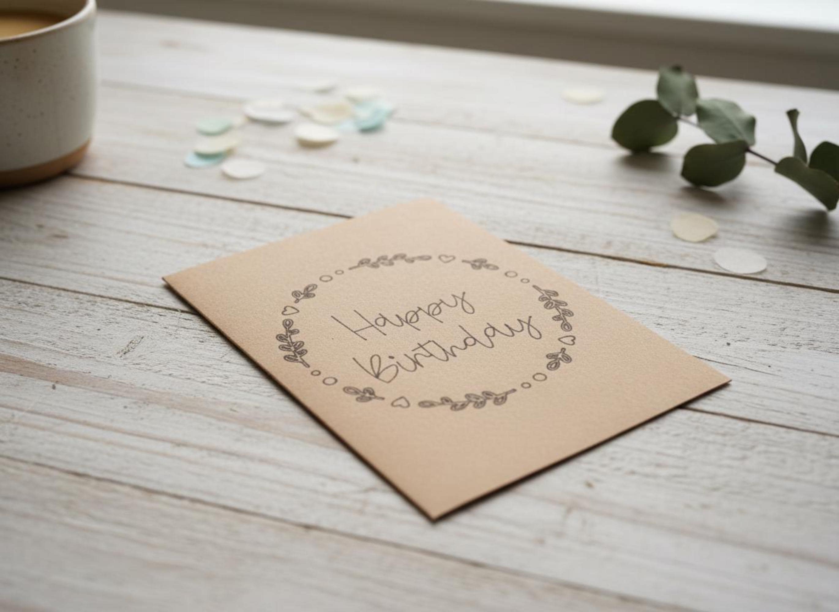 Schlichte Geburtstagskarte | Handgezeichnete Optik | Kraftpapier | Happy Birthday Schriftzug | Einlegekarte | DIN A6 | Stilvolles Design