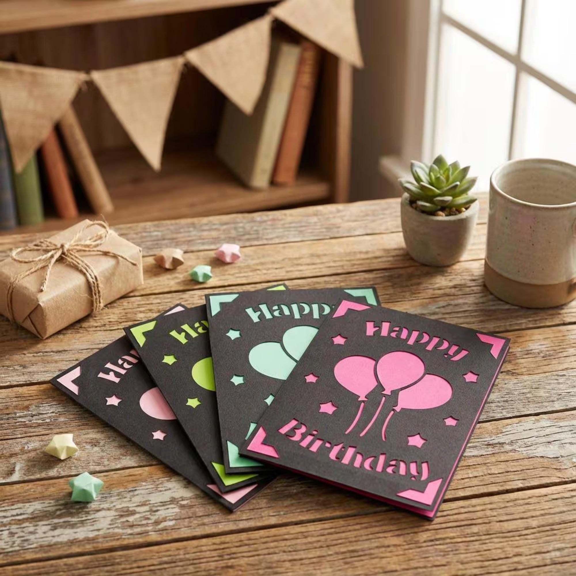 Geburtstagskarte mit Ballons | Handgemacht | Schwarzer Karton | Ausgestanztes Design | Einlegekarte in Wunschfarbe | A6
